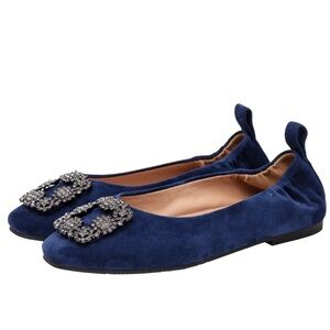 Navy Blue Suede Flats w/Rhinestone Buckle size 10